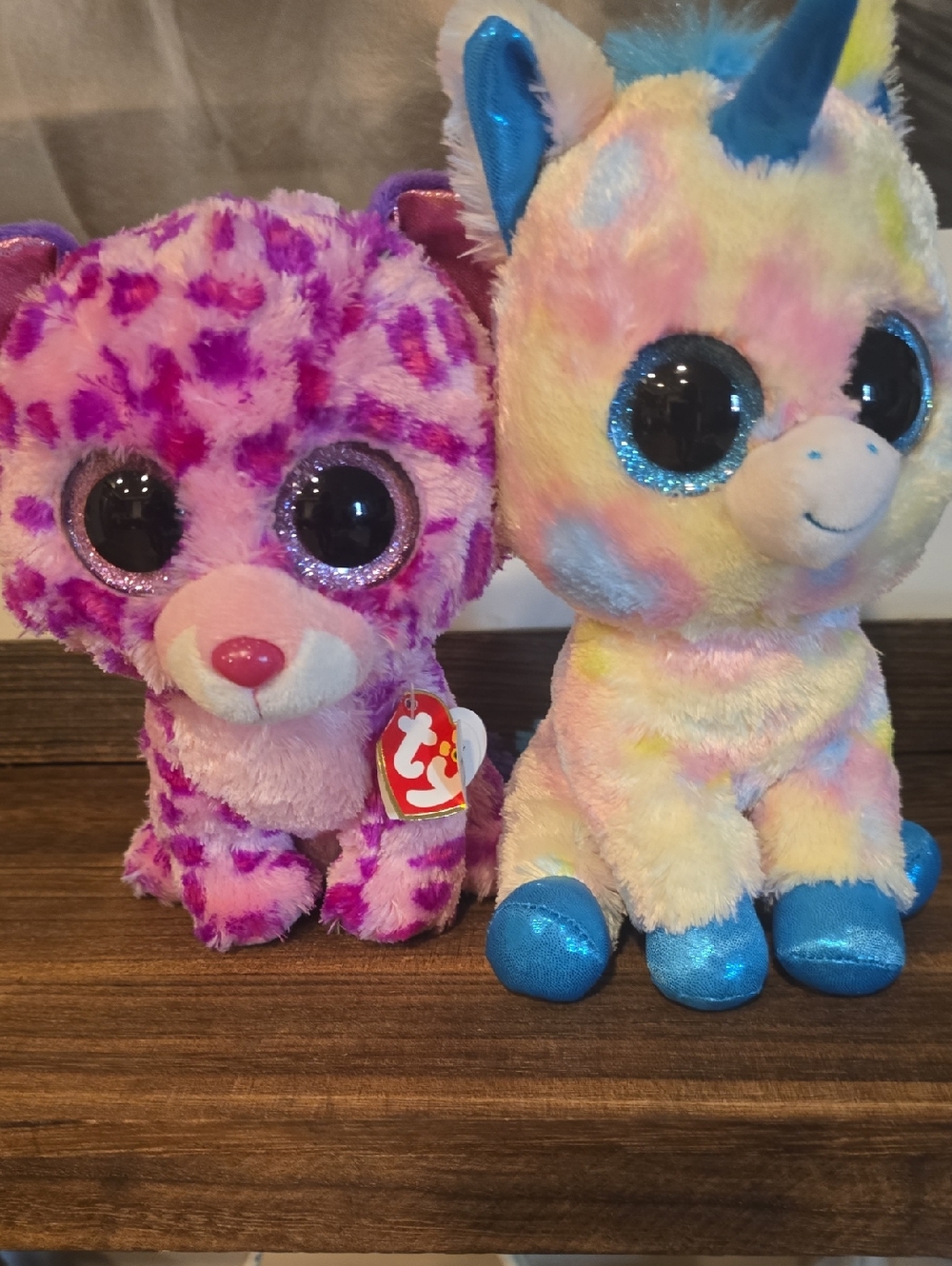 Ty Pink Leopard and Pastel Rainbow Unicorn Beanie Boos Duo